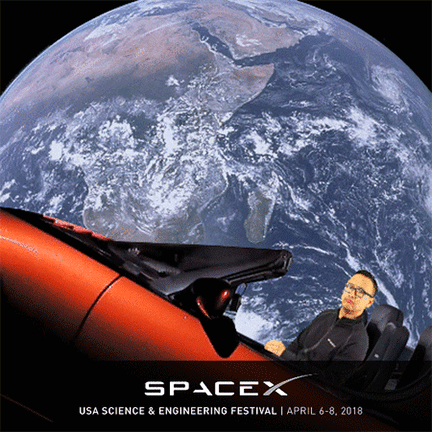 A green screen Boomerang GIF where a man is posing a in a space ship that is orbiting past the Earth in a Photo-op for SpaceX at the USA Science & Engineering Festival