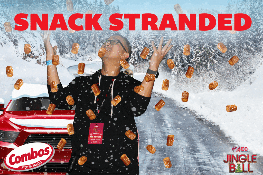 Animated Green Screen GIF where a man is stranded in a snow storm and it is snowing Combos Pretzel Snacks at iHeartRadio Jingle Ball