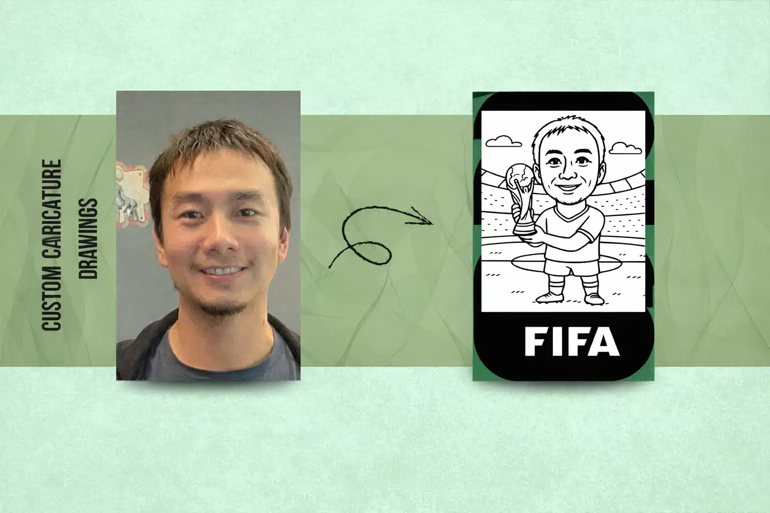 Caricature of a guest next to their photo, drawn in RoboSketch style with a FIFA-themed card layout.